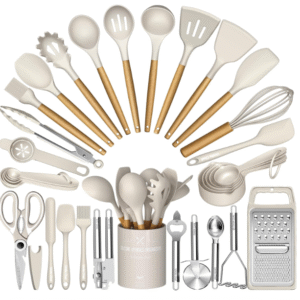 Umite Chef Silicone Kitchen Utensil Set, 34PCS Heat Resistant Kitchen Gadgets and Tools With Grater, Wood Handles for Nonstick Cookware