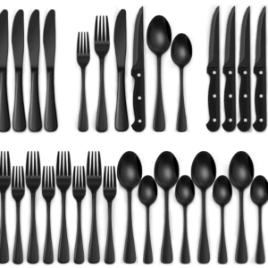 24-Piece Black Silverware Set with Steak Knives, Black Flatware Set for 4, Food-Grade Stainless Steel Tableware Cutlery Set, Mirror Finished Utensil Sets for Home Restaurant