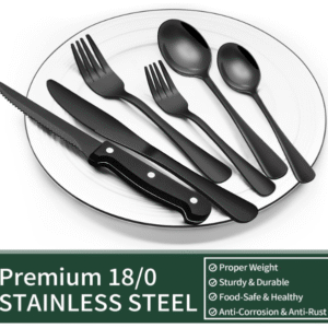 24-Piece Black Silverware Set with Steak Knives, Black Flatware Set for 4, Food-Grade Stainless Steel Tableware Cutlery Set, Mirror Finished Utensil Sets for Home Restaurant