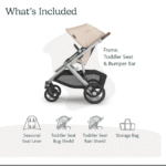 UPPAbaby Vista V3 Stroller - Full-Size Single-to-Double Stroller System - Toddler Seat, Bug Shield, Rain Shield, and Storage Bag Included - Declan (Oat Mélange/Silver Frame/Chestnut Leather)